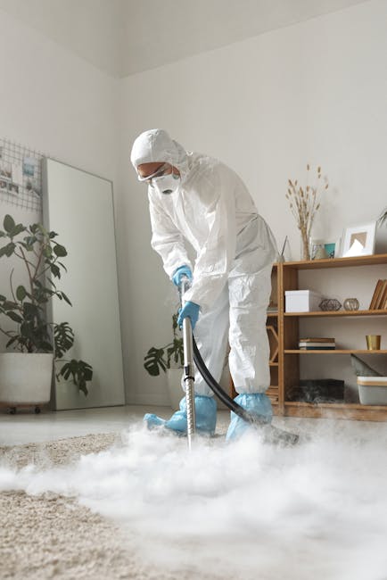 A professional cleaning specialist from Wood Green Carpet Cleaners is engaged in deep cleaning a residential carpet. The technician is dressed in a full white protective suit, including a hood, mask,